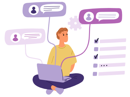 illustration - person on a laptop with thought bubbles